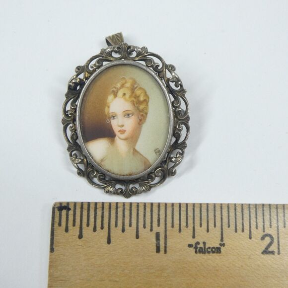 Antique Miniature Portrait Pendant 800 Silver Frame 1.5" - Picture 5 of 13